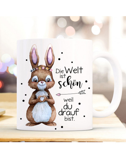 Tasse Becher mit Spruch Die Welt ist schön weil du drauf bist & Hase Häschen Herz Motiv Kaffeebecher Geschenk ts1095