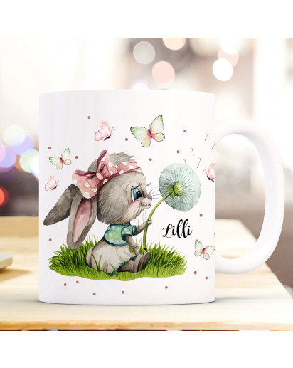 Tasse Becher Kaffeetasse Hase Häschen mit Pusteblume & Name Wunschname Kaffeebecher Geschenk Spruchbecher ts1116