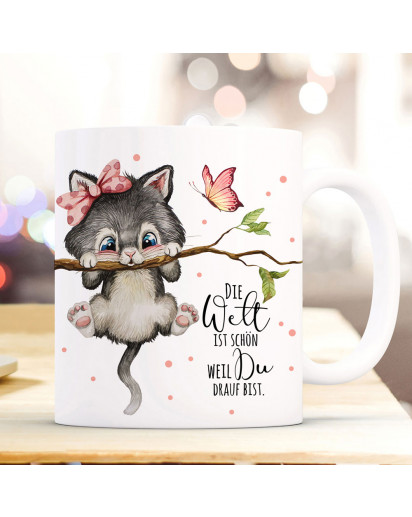Tasse Becher mit Spruch Die Welt ist schön weil du drauf bist Katze auf Ast Zweig Motiv Kaffeebecher Geschenk Spruchbecher ts1119