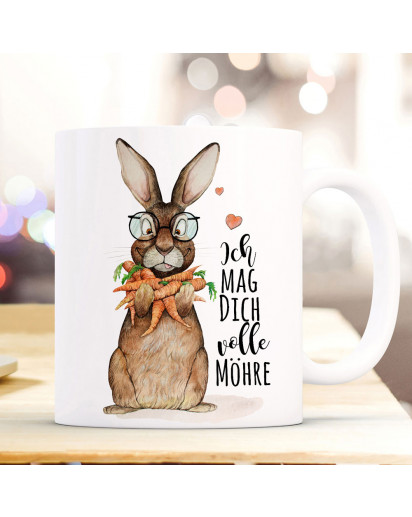 Tasse Hase Häschen mit Karotten Möhren und Spruch Ich mag dich volle Möhre ts1121