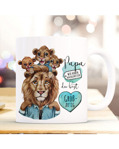 Tasse Becher Löwe Löwenpapa Papa mit 3 Jungs Kindern & Spruch Papa du bist großartig Kaffeebecher Geschenk Vatertag ts1139