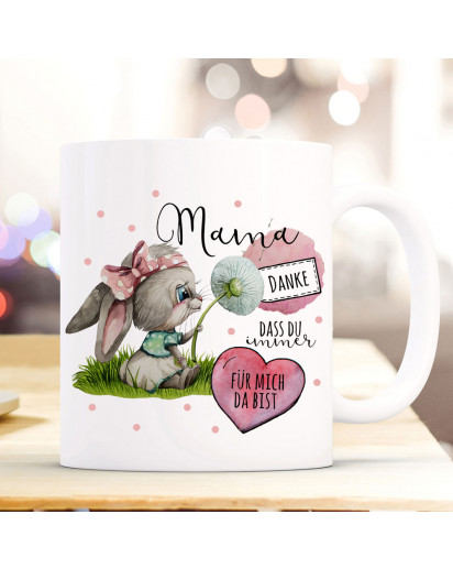 Tasse Becher Hase Häschen mit Pusteblume & Spruch Danke Mama dass du immer für mich da bist Kaffeebecher Geschenk ts1144