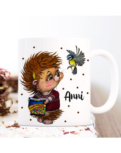 Tasse Becher Kaffeetasse Igel mit Vogel & Name Wunschname Kaffeebecher Geschenk Spruchbecher ts1163