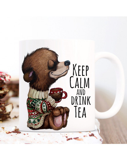 Tasse Becher Bär Bärchen mit Tasse & Spruch Keep calm and drink tea Kaffeebecher Teetasse Geschenk ts1164