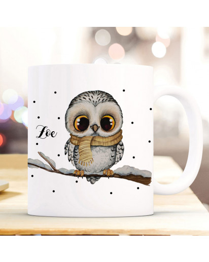 Tasse Becher Eule Eulchen auf Ast Zweig Motiv mit Wunschname Name individuell Kaffeebecher Kaffeetasse Geschenk ts1171