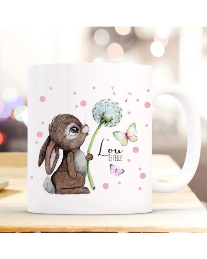 Tasse Becher Hase Häschen Pusteblume Schmetterlinge rosa Punkte & Wunschname Name Kaffeebecher Kaffeetasse Geschenk ts1173