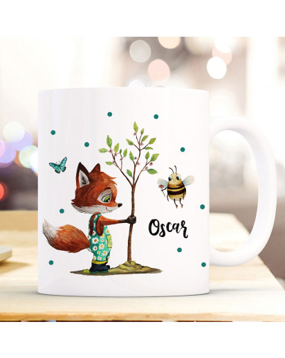 Tasse Becher Fuchs pflanzt Baum mit Biene & Wunschname Name Kaffeebecher Kaffeetasse Geschenk ts1174