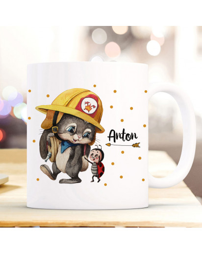 Tasse Becher Feuerwehr Häschen Hase & Wunschname Name Kaffeebecher Kaffeetasse Geschenk ts1175