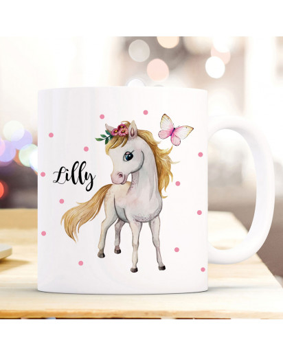 Tasse Becher Pferd Pferdchen Schmetterling & Wunschname Name Kaffeebecher Kaffeetasse Geschenk ts1176