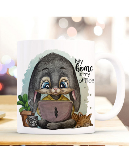 Tasse Kaffeetasse Becher Hase Häschen mit Laptop & Spruch My home is my office Bürotasse Kaffeebecher Teetasse Geschenk ts1196