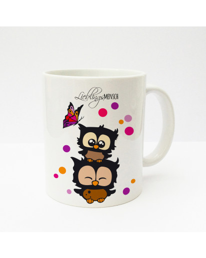 Tasse Becher Kaffeetasse Kaffeebecher Kindertasse Kinderbecher Eulen Eulchen mit Konfetti und Schmetterling Lieblingsmensch cup mug kids cup kids mug coffee cup coffee mug owls little owls with confetti and butterfly favourite person ts137