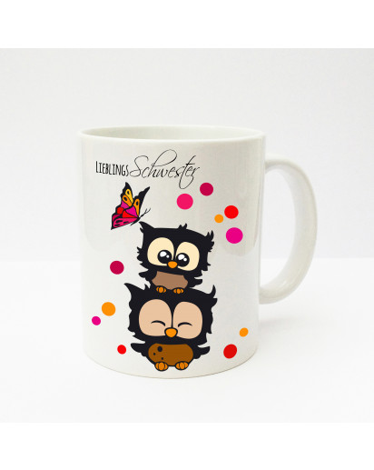 Tasse Becher Kaffeetasse Kaffeebecher Kindertasse Kinderbecher Eulen Eulchen mit Konfetti und Schmetterling Lieblingsschwester cup mug kids cup kids mug coffee cup coffee mug owls little owls with confetti and butterfly favourite sister ts138