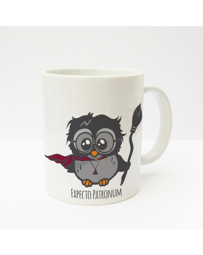 Tasse Becher Kaffeetasse Kaffeebecher Kindertasse Kinderbecher Tasse Eule Eulchen Harry mit Hexenbesen und Zauberer Umhang cup mug kids cup kids mug coffee cup coffee mug owl little owl Harry with witches' broom and magician cloak ts140