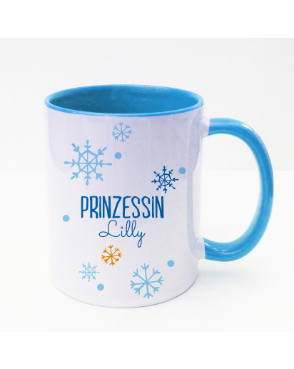 Tasse Becher Kaffeetasse Kaffeebecher Kindertasse Kinderbecher Prinzessin Lilly mit Schneeflocken Schneekristalle und Wunschname in blau cup mug kids cup kids mug coffee cup coffee mug saying princess Lilly with snowflakes snow crystals and desired name i