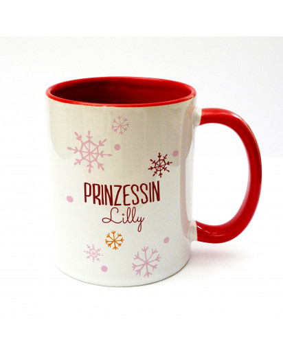 Tasse Becher Kaffeetasse Kaffeebecher Kindertasse Kinderbecher Prinzessin Lilly mit Schneeflocken Schneekristalle und Wunschname in rot cup mug kids cup kids mug coffee cup coffee mug saying princess Lilly with snowflakes snow crystals and desired name in