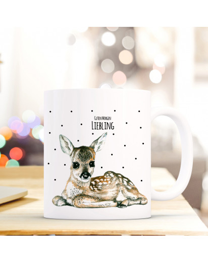 Tasse Reh Rehkitz Bambi mit Punkten und Spruch Guten Morgen Liebling ts178