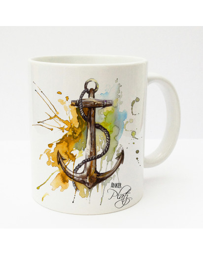 Tasse Becher Kaffeetasse Kaffeebecher Kindertasse Kinderbecher Tasse Anker mit Tau maritim mit Spruch Ankerplatz orange gelb braun cup mug kids cup kids mug coffee cup coffee mug anchor with rope maritime with saying anchorage orange yellow brown ts182