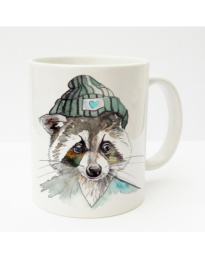 Tasse Becher Kaffeetasse Kaffeebecher Kindertasse Kinderbecher Tasse Waschbär mit Mütze türkis braun cup mug kids cup kids mug coffee cup coffee mug raccoon with cap turquoise brown ts185