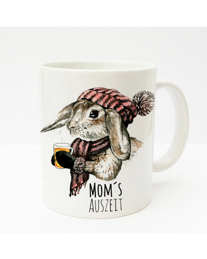 Tasse Kaninchen Hase mit Schal Mütze Tee und Spruch Mom's Auszeit ts194