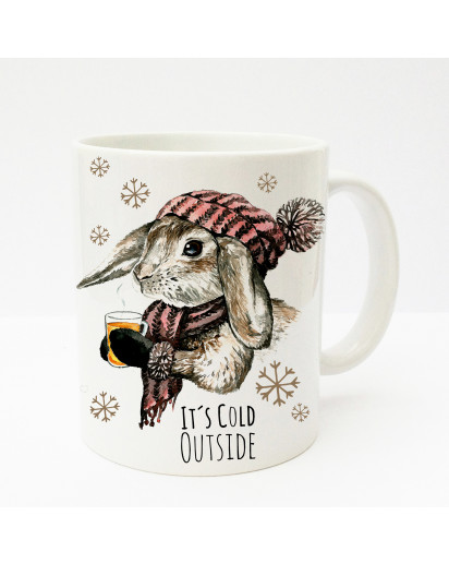 Tasse Becher Kaffeetasse Kaffeebecher Kindertasse Kinderbecher Kaninchen Hase mit Schal Mütze Tee und Spruch it's cold outside cup mug kids cup kids mug coffee cup coffee mug bunny rabbit with scarf cap tea and saying it's cold outside ts195