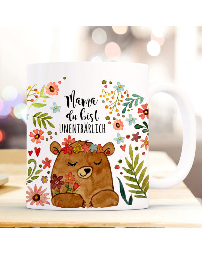 Tasse Becher Bär Bärchen Blumen & Spruch Mama du bist unentbärlich Kaffeetasse Kaffeebecher Geschenk Muttertag ts2000