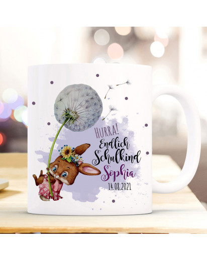 Tasse Becher zum Schulanfang Schulstart Hasen Mädchen Pusteblume Spruch Hurra endlich Schulkind mit Wunschname + Jahr der Einschulung ts2010