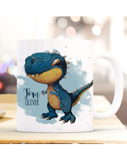 Tasse Becher zum Schulanfang Schulstart Dino Dinosaurier T-Rex & Name Wunschname ts2012