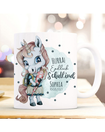 Tasse Becher Schulanfang Schulstart Einhorn Mädchen blau Schultüte Spruch Hurra endlich Schulkind Name + Jahr ts2013