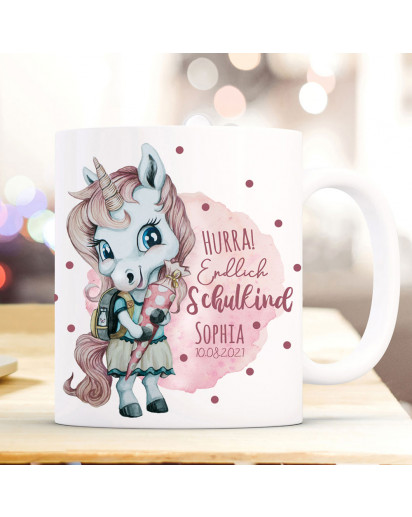 Tasse Becher Schulanfang Schulstart Einhorn Mädchen rosa pink Schultüte Spruch Hurra endlich Schulkind Name + Jahr ts2014