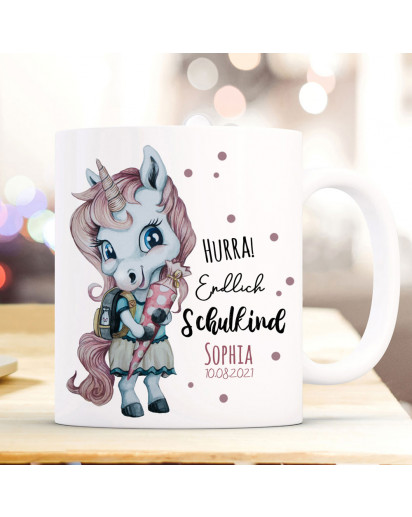 Tasse Becher zum Schulanfang Schulstart Einhorn Mädchen rosa Schultüte Spruch Hurra endlich Schulkind Name + Jahr ts2015