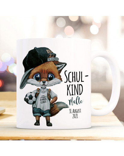 Tasse Becher zum Schulanfang Schulstart Fuchs Fußball Junge Schulkind mit Wunschname + Jahr der Einschulung ts2016