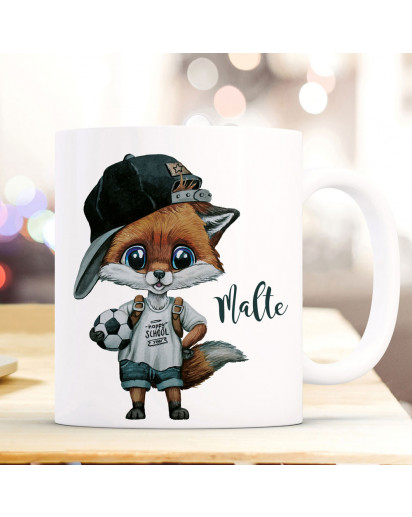 Tasse Becher zum Schulstart Fuchs Fußball Junge Schulkind Name Wunschname Kaffeebecher Kaffeetasse ts2017