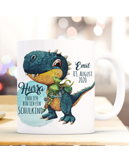 Tasse Becher zum Schulanfang Schulstart Dino T-Rex Schultüte Spruch Hurra endlich Schulkind mit Wunschname + Jahr der Einschulung ts2022