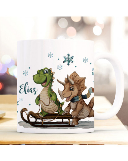 Tasse Kaffeetasse Becher Dinosaurier Dinos auf Schlitten mit Wunschname Name Kaffeebecher Teetasse Geschenk ts2033