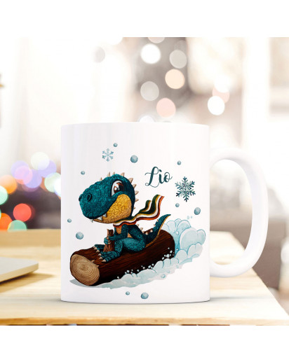 Tasse Kaffeetasse Becher Dinosaurier Dino T-Rex auf Baumstamm mit Wunschname Name Kaffeebecher Teetasse Geschenk ts2034
