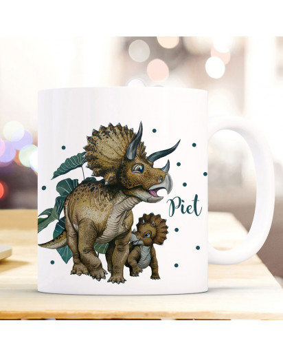 Tasse Kaffeetasse Becher Dinosaurier Dino Triceratops & Junges mit Wunschname Name Kaffeebecher Teetasse Geschenk ts2035
