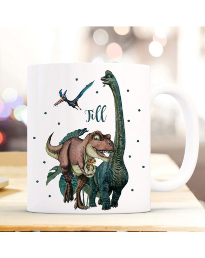 Tasse Kaffeetasse Becher Dinosaurier Dino Dinos T-Rex Flugsaurier Brontosaurus mit Wunschname Name Kaffeebecher Teetasse Geschenk ts2036