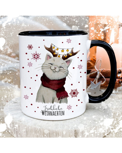 Tasse Becher mit Spruch Fröhliche Weihnachten & Katze Kätzchen mit Geweih Motiv Kaffeebecher Geschenk Spruchbecher ts2037