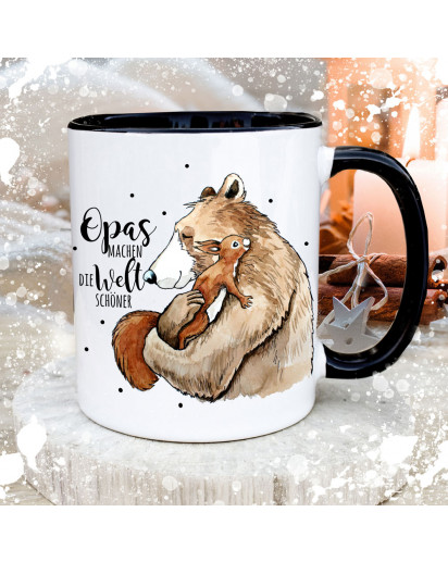 Tasse Becher mit Spruch Opas machen die Welt schöner & Bär Eichhörnchen Kaffeebecher Geschenk Spruchbecher ts2043