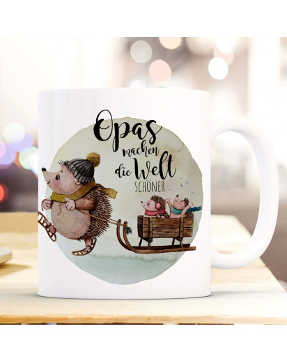 Tasse Becher mit Spruch Opas machen die Welt schöner & Igel mit Schlitten Kaffeebecher Geschenk Spruchbecher ts2048