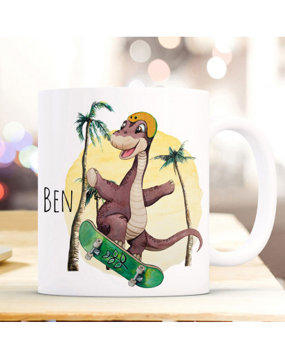 Tasse Kaffeetasse Becher Dinosaurier Dino Skateboarder Skater mit Wunschname Name Kaffeebecher Teetasse Geschenk ts2049