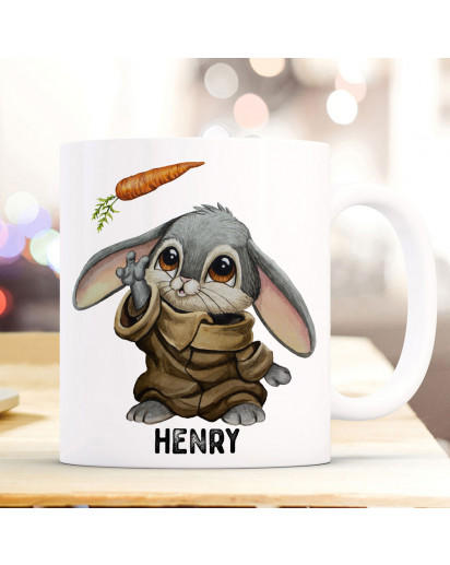 Tasse Emaille Becher Hase Häschen Mug Bunny mit Möhre Name Wunschname Kaffeebecher Geschenk Bundle51 ts2056 & eb661