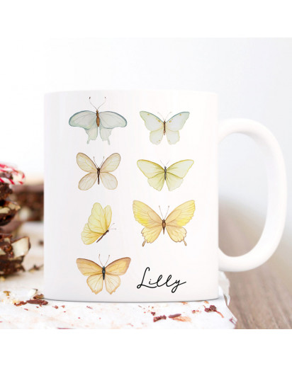 Tasse Kaffeetasse Becher Schmetterlinge zartgelb gelb mit Wunschname Name Kaffeebecher Teetasse Geschenk ts2059