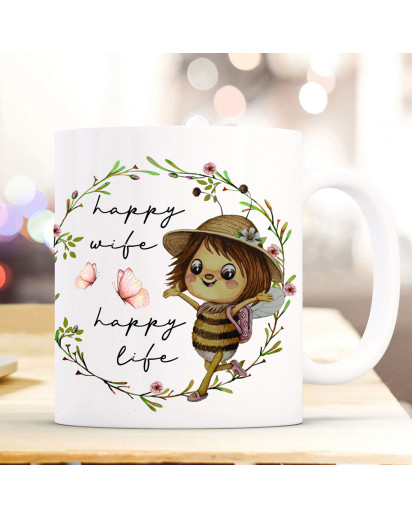 Tasse Emaille Becher Kissen Biene Bienchen Bienenmädchen mit Hut Spruch happy wife happy life Motiv Kaffeebecher Kaffeetasse Geschenk Bundle53 ts2062 eb664 ks356