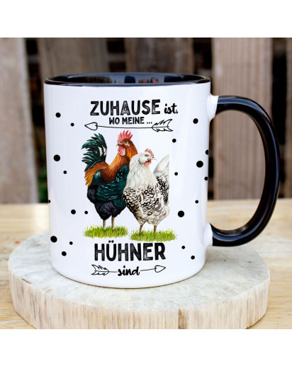 Tasse Becher mit Spruch Zuhause ist wo meine Hühner sind & Hahn Hühner Hühnchen Chicken Kaffeebecher Geschenk Spruchbecher ts2080