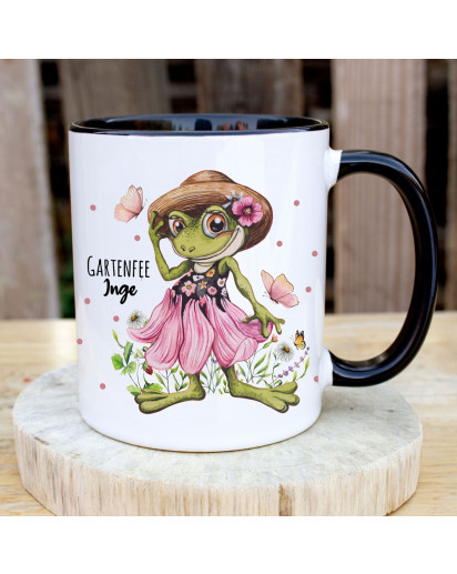 Tasse Becher mit Spruch Gartenfee & Frosch Froschdame mit Wunschname Name Kaffeebecher Geschenk zum Muttertag Spruchbecher ts2084