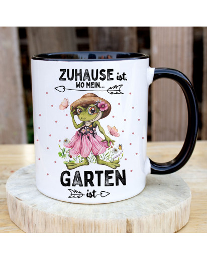 Tasse Becher mit Spruch Zuhause ist wo mein Garten ist & Frosch Froschdame Kaffeebecher Geschenk zum Muttertag Spruchbecher ts2085