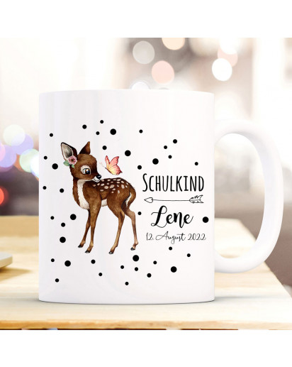 Einschulungskerze Kerze Tasse zum Schulanfang zur Einschulung Schulkind Reh Rehlein deer Wunschname Datum Bundle59 wk240 ts2103