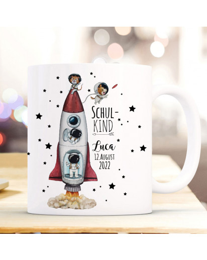 Einschulungskerze Kerze Tasse zum Schulanfang zur Einschulung Schulkind Rakete Weltraum Astronaut Wunschname Datum Bundle61 wk239 ts2105