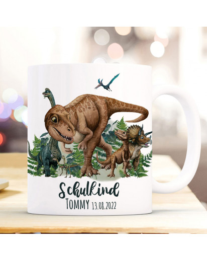 Tasse Emaille Becher zum Schulanfang Schulstart Dino Dinos Dinosaurier T-Rex Triceratops Brontosaurus Name + Datum der Einschulung Kaffeebecher Geschenk Bundle67 ts2107 eb684